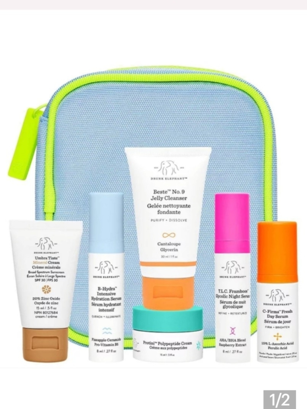 Drunk Elephant Mini Skincare Set - Blue & Neon Yellow Pouch